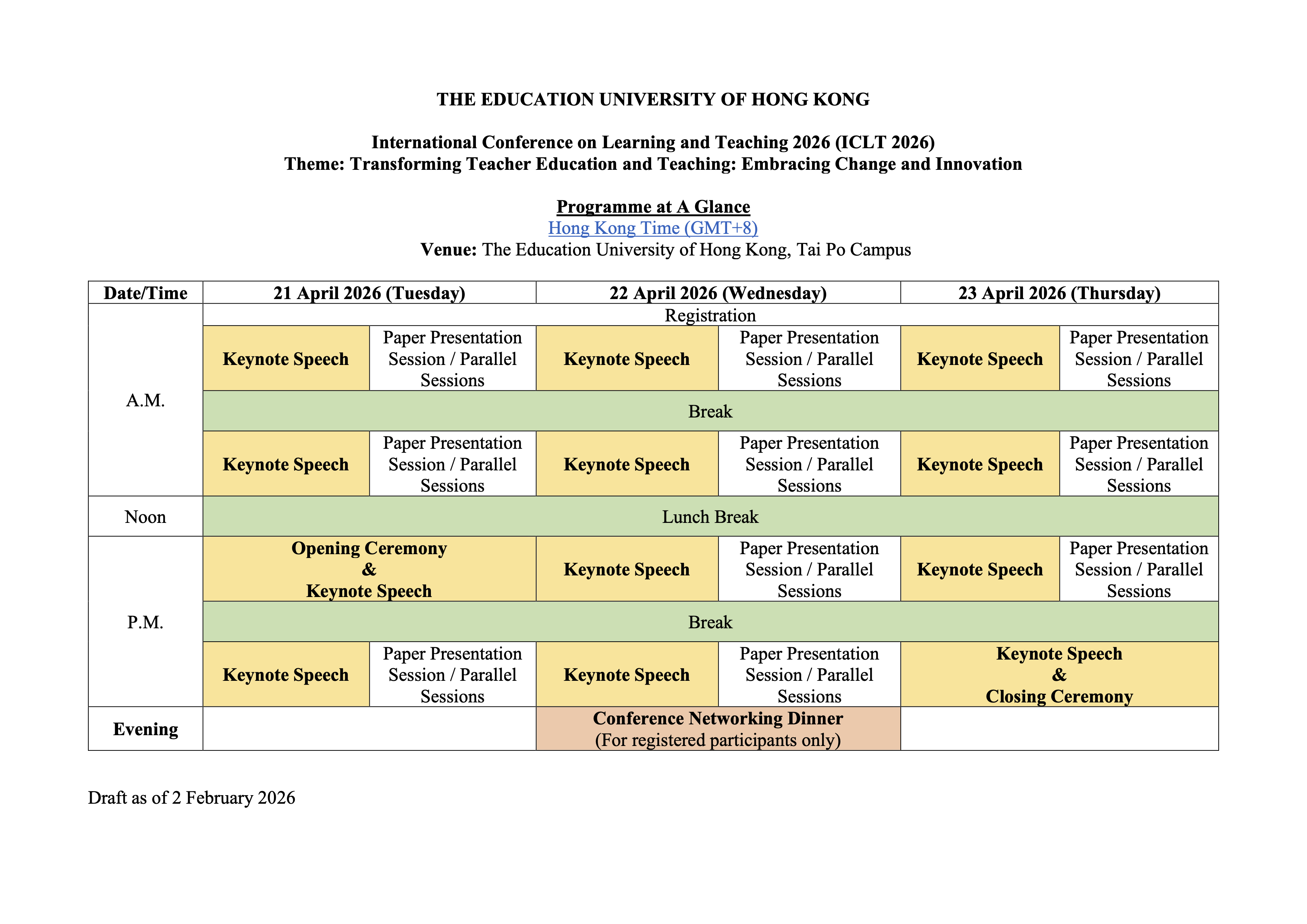 ICLT2026 Programme at a Glance
